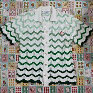 Casablanca White And Green Knit Short Sleeve Top